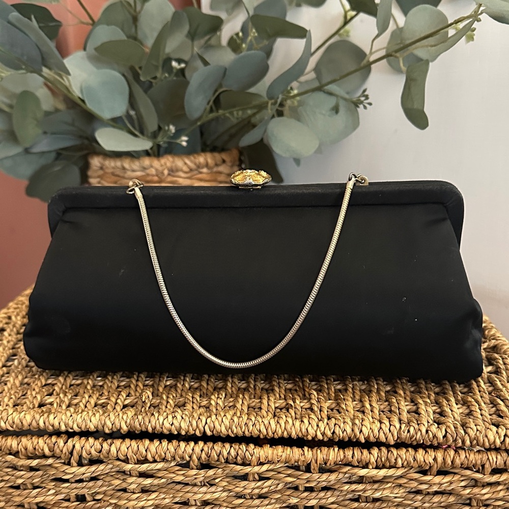 Vintage Bobbie Jerome Elegant satin Black gold rhinestone clasp 10x5 Clutch Bag